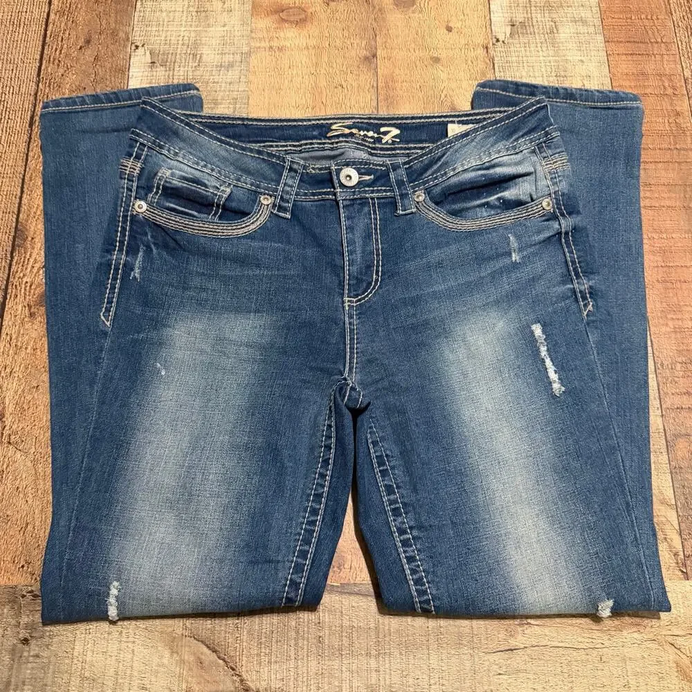 Seven7 Women's Medium Wash Denim Slim Straight Jeans Sz 10 Slight Distress